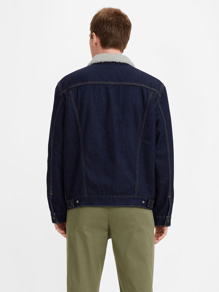 Levis 163650075 Mens Type 3 Sherpa Trucker Jacket Dark Wash back view. If you need any assistance with this item or the purchase of this item please call us at five six one seven four eight eight eight zero one Monday through Saturday 10:00a.m EST to 8:00 p.m EST