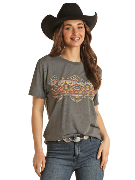 Rock & Roll Denim BU21T03086 Unisex Aztec Print Tee Navy front view female model. If you need any assistance with this item or the purchase of this item please call us at five six one seven four eight eight eight zero one Monday through Saturday 10:00a.m EST to 8:00 p.m EST