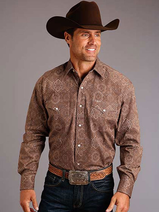 Stetson 11-001-0425-1055 Mens Medallion Paisley Western Shirt Brown front view. If you need any assistance with this item or the purchase of this item please call us at five six one seven four eight eight eight zero one Monday through Saturday 10:00a.m EST to 8:00 p.m EST