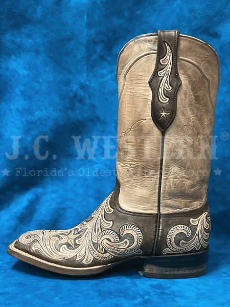 Black Jack HT-2642-96 Mens Handtooled Stars Square Toe Boot Vintaged Chocolate Natural side view. If you need any assistance with this item or the purchase of this item please call us at five six one seven four eight eight eight zero one Monday through Saturday 10:00a.m EST to 8:00 p.m EST
