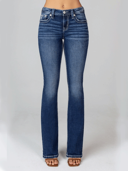Miss Me M9183B Womens Vines And Horseshoe Bootcut Jean Dark Blue full front view. If you need any assistance with this item or the purchase of this item please call us at five six one seven four eight eight eight zero one Monday through Saturday 10:00a.m EST to 8:00 p.m EST