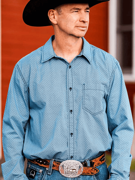 Montana Silversmiths AM53100-731M American Made Freedom Buckle with Christian Cowboy Silver on model. If you need any assistance with this item or the purchase of this item please call us at five six one seven four eight eight eight zero one Monday through Saturday 10:00a.m EST to 8:00 p.m EST