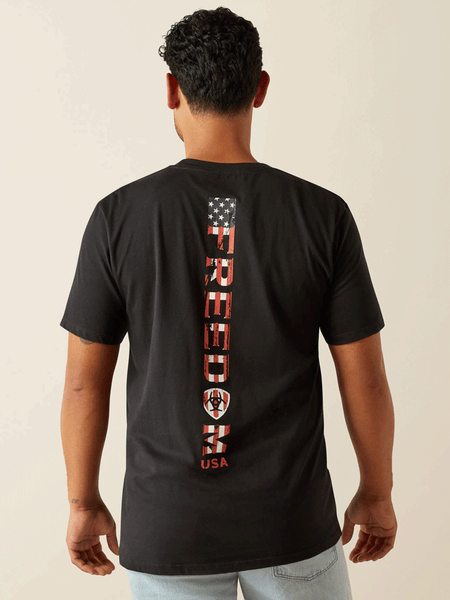 Ariat 10058891 Mens Freedom Stripe T-Shirt Black back view. If you need any assistance with this item or the purchase of this item please call us at five six one seven four eight eight eight zero one Monday through Saturday 10:00a.m EST to 8:00 p.m EST