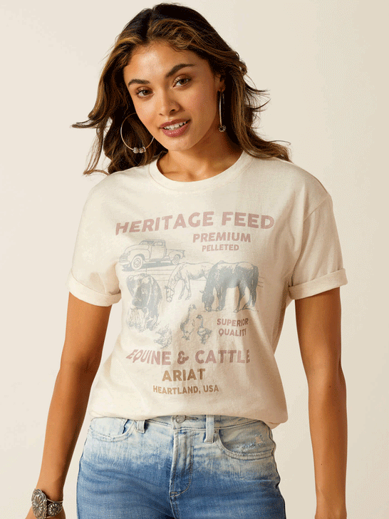 Ariat 10051291 Womens Feed T-Shirt Oatmeal Heather front view. If you need any assistance with this item or the purchase of this item please call us at five six one seven four eight eight eight zero one Monday through Saturday 10:00a.m EST to 8:00 p.m EST