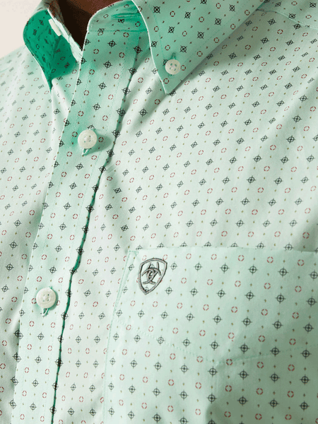 Ariat 10058741 Mens Wrinkle Free Ellis Classic Fit Short Sleeve Shirt Aqua Mint front close up. If you need any assistance with this item or the purchase of this item please call us at five six one seven four eight eight eight zero one Monday through Saturday 10:00a.m EST to 8:00 p.m EST