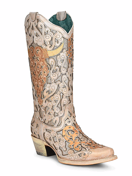 Corral A4408 Ladies Bull Skull Embroidery And Glitter Inlay Boots Tan front and side view. If you need any assistance with this item or the purchase of this item please call us at five six one seven four eight eight eight zero one Monday through Saturday 10:00a.m EST to 8:00 p.m EST