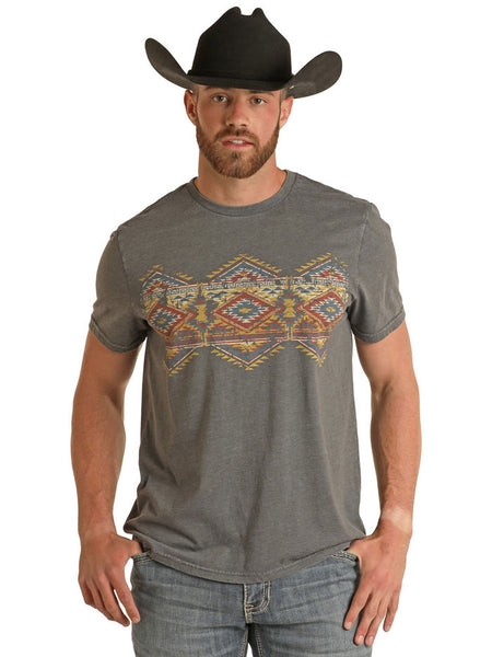 Rock & Roll Denim BU21T03086 Unisex Aztec Print Tee Navy front view male model. If you need any assistance with this item or the purchase of this item please call us at five six one seven four eight eight eight zero one Monday through Saturday 10:00a.m EST to 8:00 p.m EST