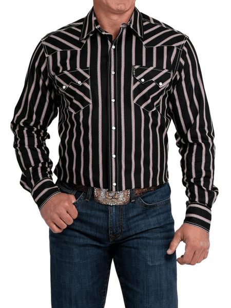 Cinch MTW1301088 Mens Modern Fit Striped Print Long Sleeve Shirt Black front view. If you need any assistance with this item or the purchase of this item please call us at five six one seven four eight eight eight zero one Monday through Saturday 10:00a.m EST to 8:00 p.m EST