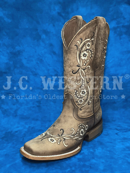 Circle G L2063 Ladies Floral Embroidery Square Toe Boot Brown Tan front and side view. If you need any assistance with this item or the purchase of this item please call us at five six one seven four eight eight eight zero one Monday through Saturday 10:00a.m EST to 8:00 p.m EST