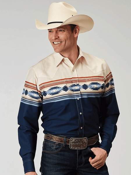 Roper 03-001-0431-0307 Mens Aztec Border Print Long Sleeve Shirt Blue front view. If you need any assistance with this item or the purchase of this item please call us at five six one seven four eight eight eight zero one Monday through Saturday 10:00a.m EST to 8:00 p.m EST