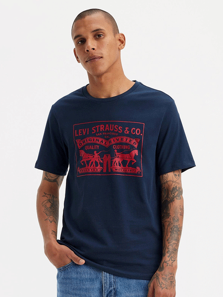 Levis 224950042 Mens Two-Horse Pull Graphic Tee Shirt Navy Blue front view. If you need any assistance with this item or the purchase of this item please call us at five six one seven four eight eight eight zero one Monday through Saturday 10:00a.m EST to 8:00 p.m EST