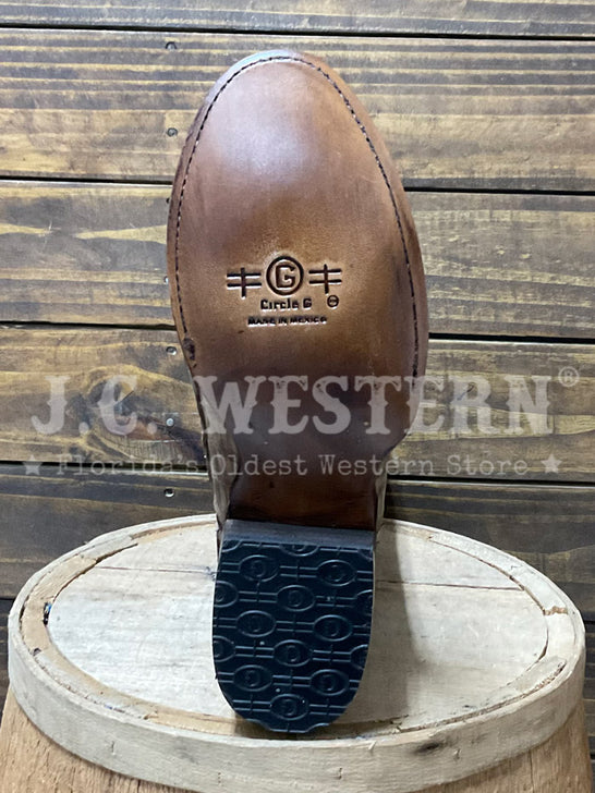 Circle G L8108 Mens Embroidery Round Toe Caiman Boot Brown sole view. If you need any assistance with this item or the purchase of this item please call us at five six one seven four eight eight eight zero one Monday through Saturday 10:00a.m EST to 8:00 p.m EST