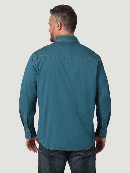 Wrangler 112330785 Mens Retro Long Sleeve Shirt Mallard Blu back view. If you need any assistance with this item or the purchase of this item please call us at five six one seven four eight eight eight zero one Monday through Saturday 10:00a.m EST to 8:00 p.m EST