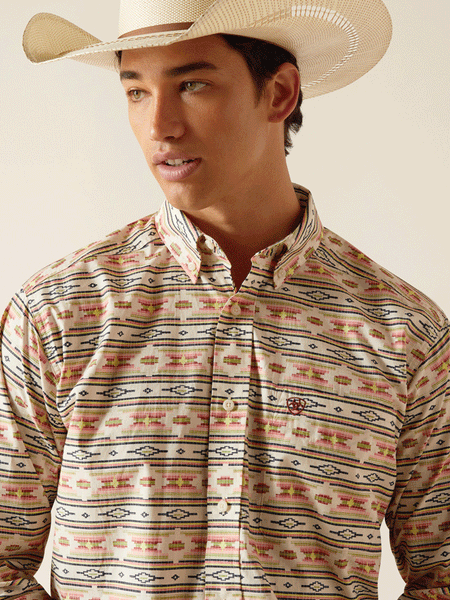 Ariat 10048370 Mens Timothy Classic Fit Shirt Apricot Blush close up view of front. If you need any assistance with this item or the purchase of this item please call us at five six one seven four eight eight eight zero one Monday through Saturday 10:00a.m EST to 8:00 p.m EST
