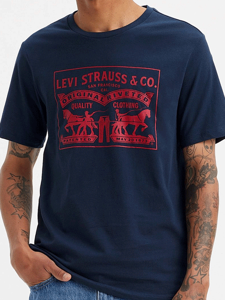 Levis 224950042 Mens Two-Horse Pull Graphic Tee Shirt Navy Blue close up front view. If you need any assistance with this item or the purchase of this item please call us at five six one seven four eight eight eight zero one Monday through Saturday 10:00a.m EST to 8:00 p.m EST