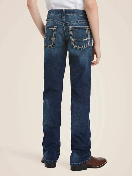 Ariat 10018338 Kids B5 Slim Boundary Stackable Straight Leg Jean Cyclone Navy back view. If you need any assistance with this item or the purchase of this item please call us at five six one seven four eight eight eight zero one Monday through Saturday 10:00a.m EST to 8:00 p.m EST