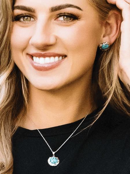 Montana Silversmiths JS6124 Womens Inner Love Turquoise Jewelry Set Silver on model. If you need any assistance with this item or the purchase of this item please call us at five six one seven four eight eight eight zero one Monday through Saturday 10:00a.m EST to 8:00 p.m EST