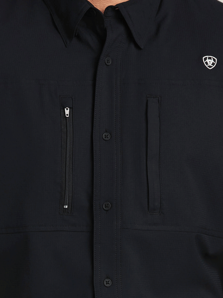 Ariat 10034960 Mens VentTEK Classic Fit Shirt Black close up view of front. If you need any assistance with this item or the purchase of this item please call us at five six one seven four eight eight eight zero one Monday through Saturday 10:00a.m EST to 8:00 p.m EST