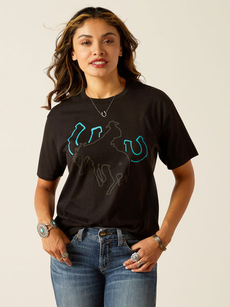 Ariat 10051769 Womens Riders Club T-Shirt Black front view. If you need any assistance with this item or the purchase of this item please call us at five six one seven four eight eight eight zero one Monday through Saturday 10:00a.m EST to 8:00 p.m EST