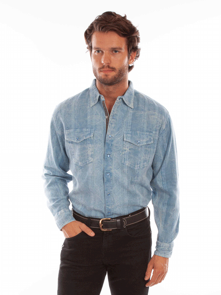 Scully PS-321-LBL Mens Overdyed Signature Shirt Light Blue front view. If you need any assistance with this item or the purchase of this item please call us at five six one seven four eight eight eight zero one Monday through Saturday 10:00a.m EST to 8:00 p.m EST