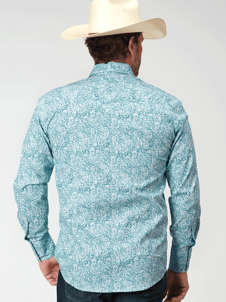 Roper 03-001-0225-2108 Mens All Over Paisley Print Snap Shirt Teal back view. If you need any assistance with this item or the purchase of this item please call us at five six one seven four eight eight eight zero one Monday through Saturday 10:00a.m EST to 8:00 p.m EST
