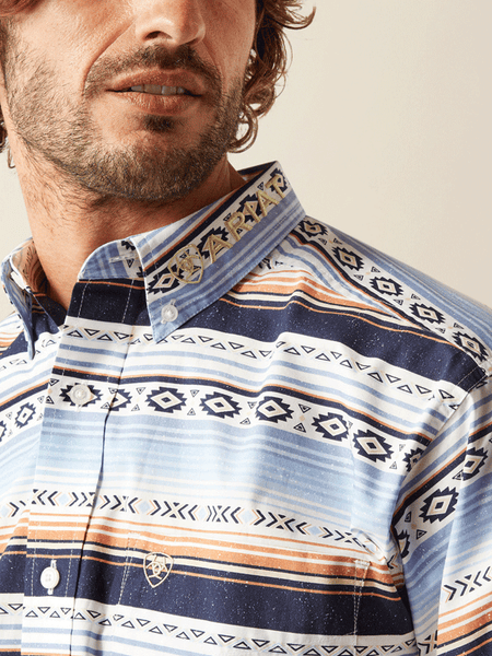 Ariat 10054747 Mens Team Deacon Classic Fit Shirt Aztec Print Light Blue collar close up. If you need any assistance with this item or the purchase of this item please call us at five six one seven four eight eight eight zero one Monday through Saturday 10:00a.m EST to 8:00 p.m EST