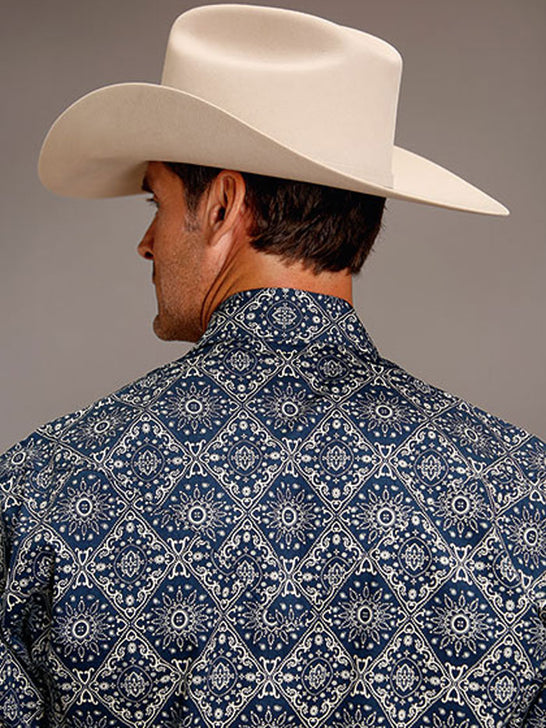 Stetson 11-001-0425-4011 Mens Bandana Medallion Western Shirt Blue back view. If you need any assistance with this item or the purchase of this item please call us at five six one seven four eight eight eight zero one Monday through Saturday 10:00a.m EST to 8:00 p.m EST
