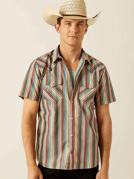 Ariat 10058714 Mens Haven Retro Fit Short Sleeve Shirt Multicolor Stripes front view. If you need any assistance with this item or the purchase of this item please call us at five six one seven four eight eight eight zero one Monday through Saturday 10:00a.m EST to 8:00 p.m EST