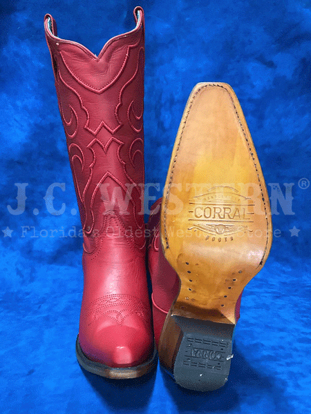 Corral Z5073 Ladies Matching Stitch Pattern Snip Toe Western Boot Red front and sole view. If you need any assistance with this item or the purchase of this item please call us at five six one seven four eight eight eight zero one Monday through Saturday 10:00a.m EST to 8:00 p.m EST