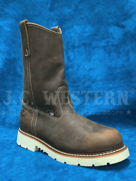 Thorogood 804-4372 Mens Pull On Safety Toe Wellington Boot Crazyhorse Brown front and side view. If you need any assistance with this item or the purchase of this item please call us at five six one seven four eight eight eight zero one Monday through Saturday 10:00a.m EST to 8:00 p.m EST