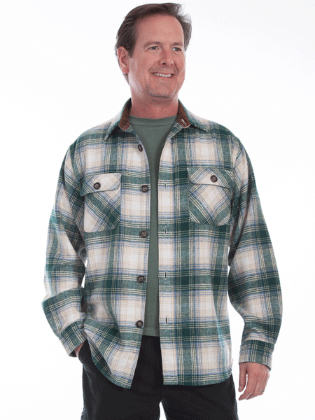 Scully 5279-GWH Mens Brawny Flannel Plaid Shirt Green White front view. If you need any assistance with this item or the purchase of this item please call us at five six one seven four eight eight eight zero one Monday through Saturday 10:00a.m EST to 8:00 p.m EST