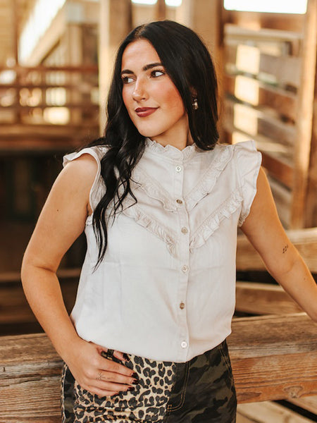 Lucky & Blessed TO1257-IVY Womens Concho Button Down Ruffle Vintage Shirt Ivory front view. If you need any assistance with this item or the purchase of this item please call us at five six one seven four eight eight eight zero one Monday through Saturday 10:00a.m EST to 8:00 p.m EST