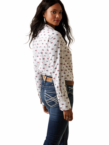 Ariat 10044949 Womens Wrinkle Free Kirby Long Sleeve Shirt USA White back and side view. If you need any assistance with this item or the purchase of this item please call us at five six one seven four eight eight eight zero one Monday through Saturday 10:00a.m EST to 8:00 p.m EST
