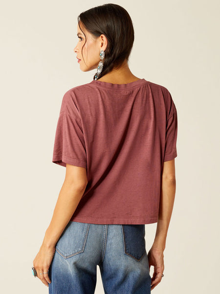 Ariat 10051310 Womens Buffalo Territory T-Shirt Wild Ginger Burgundy back view. If you need any assistance with this item or the purchase of this item please call us at five six one seven four eight eight eight zero one Monday through Saturday 10:00a.m EST to 8:00 p.m EST