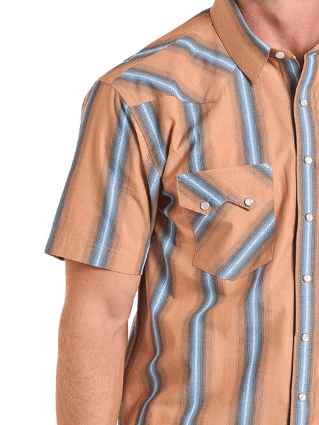 Panhandle PMN3S06573 Mens Dobby Stripe Short Sleeve Snap Shirt Tan front close up. If you need any assistance with this item or the purchase of this item please call us at five six one seven four eight eight eight zero one Monday through Saturday 10:00a.m EST to 8:00 p.m EST