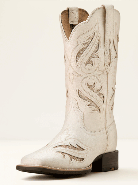 Ariat 10053648 Womens Round Up Bliss Western Boot Distressed Ivory front and side view. If you need any assistance with this item or the purchase of this item please call us at five six one seven four eight eight eight zero one Monday through Saturday 10:00a.m EST to 8:00 p.m EST