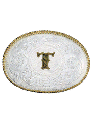 Montana Silversmiths 700 Initial Silver Engraved Gold Trim Western Belt Buckle letter T front view. If you need any assistance with this item or the purchase of this item please call us at five six one seven four eight eight eight zero one Monday through Saturday 10:00a.m EST to 8:00 p.m EST