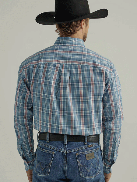 Wrangler 112331805 Mens George Strait Collection Long Sleeve Shirt Blue back view. If you need any assistance with this item or the purchase of this item please call us at five six one seven four eight eight eight zero one Monday through Saturday 10:00a.m EST to 8:00 p.m EST