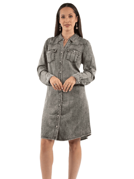 Woman wearing a gray denim dress on a white background front view. If you need any assistance with this item or the purchase of this item please call us at five six one seven four eight eight eight zero one Monday through Saturday 10:00a.m EST to 8:00 p.m EST