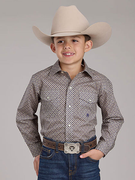 Roper 03-030-0225-3024 Kids Long Sleeve Mirage Amarillo Collection Snap Shirt Blue Tan front. If you need any assistance with this item or the purchase of this item please call us at five six one seven four eight eight eight zero one Monday through Saturday 10:00a.m EST to 8:00 p.m EST