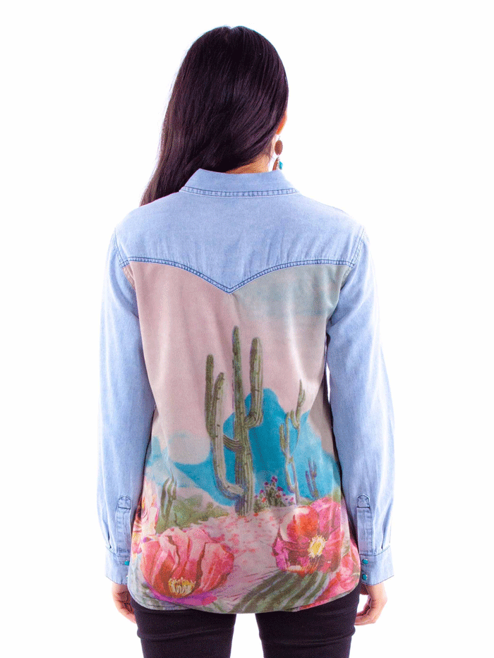 Scully HC901-DEN Womens Cactus Scene Denim Shirt Blue front view. If you need any assistance with this item or the purchase of this item please call us at five six one seven four eight eight eight zero one Monday through Saturday 10:00a.m EST to 8:00 p.m EST