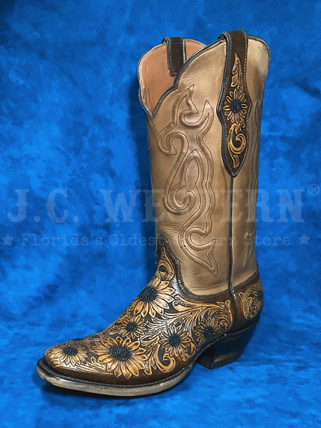 Black Jack LHT-1812-V4 Womens Handtooled Sunflowers Boot Chocolate Antique Tan front-side view. If you need any assistance with this item or the purchase of this item please call us at five six one seven four eight eight eight zero one Monday through Saturday 10:00a.m EST to 8:00 p.m EST