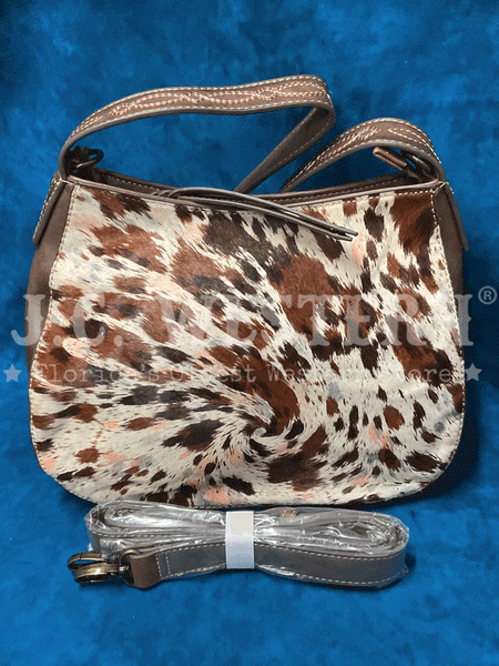 Tony Lama 22115850 Womens Genuine Hair On Hobo Bag Brown front view with extra long strap for corssbody style. If you need any assistance with this item or the purchase of this item please call us at five six one seven four eight eight eight zero one Monday through Saturday 10:00a.m EST to 8:00 p.m EST