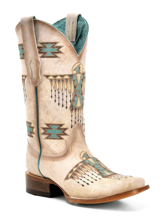 Corral Z5219 Ladies Embroidery Square Toe Western Boot Cream front and side view. If you need any assistance with this item or the purchase of this item please call us at five six one seven four eight eight eight zero one Monday through Saturday 10:00a.m EST to 8:00 p.m EST