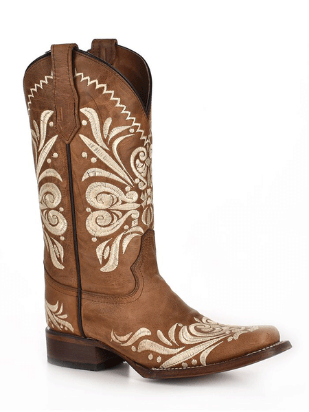 Circle G L5409 Ladies Embroidery Square Toe Boots Tan front and side view. If you need any assistance with this item or the purchase of this item please call us at five six one seven four eight eight eight zero one Monday through Saturday 10:00a.m EST to 8:00 p.m EST