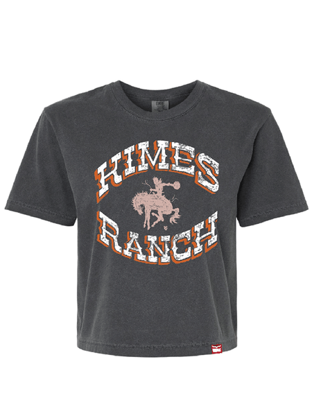 Kimes Ranch LUCKY B BUCKING Womens Short Sleeve Cropped Tee Pepper Grey front view. If you need any assistance with this item or the purchase of this item please call us at five six one seven four eight eight eight zero one Monday through Saturday 10:00a.m EST to 8:00 p.m EST