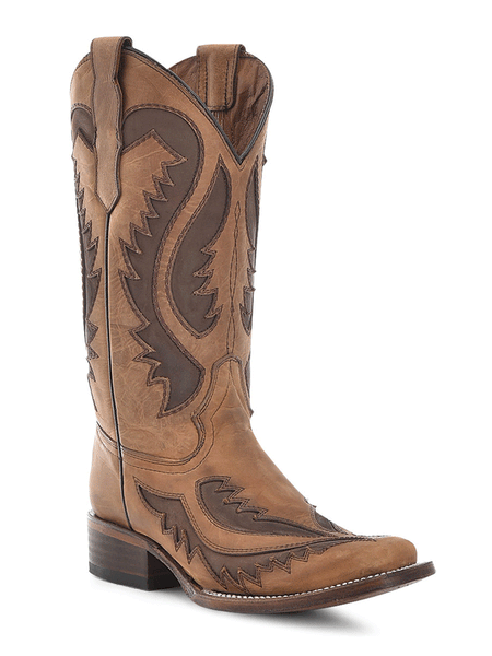 Circle G L6129 Ladies Embroidery Inlay Square Toe Boot Tan Chocolate front and side view. If you need any assistance with this item or the purchase of this item please call us at five six one seven four eight eight eight zero one Monday through Saturday 10:00a.m EST to 8:00 p.m EST