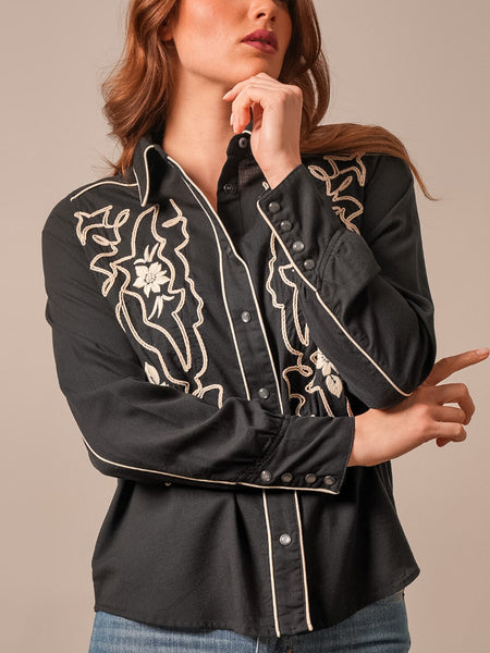 Kimes Ranch STEVIE Womens Western Shirt Black front view. If you need any assistance with this item or the purchase of this item please call us at five six one seven four eight eight eight zero one Monday through Saturday 10:00a.m EST to 8:00 p.m EST