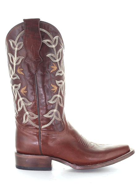 Circle G L2000 Ladies Floral Embroidery Square Toe Boot Cognac side view. If you need any assistance with this item or the purchase of this item please call us at five six one seven four eight eight eight zero one Monday through Saturday 10:00a.m EST to 8:00 p.m EST