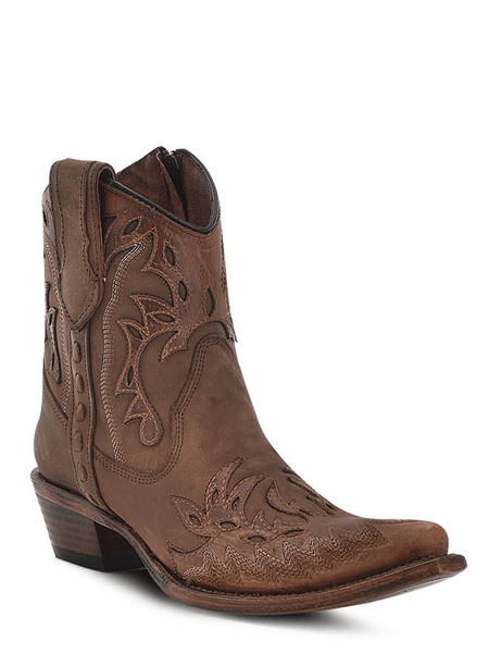 Circle G L6100 Ladies Embroidery Wing Tip Zipper Ankle Boot Bark front and side view. If you need any assistance with this item or the purchase of this item please call us at five six one seven four eight eight eight zero one Monday through Saturday 10:00a.m EST to 8:00 p.m EST